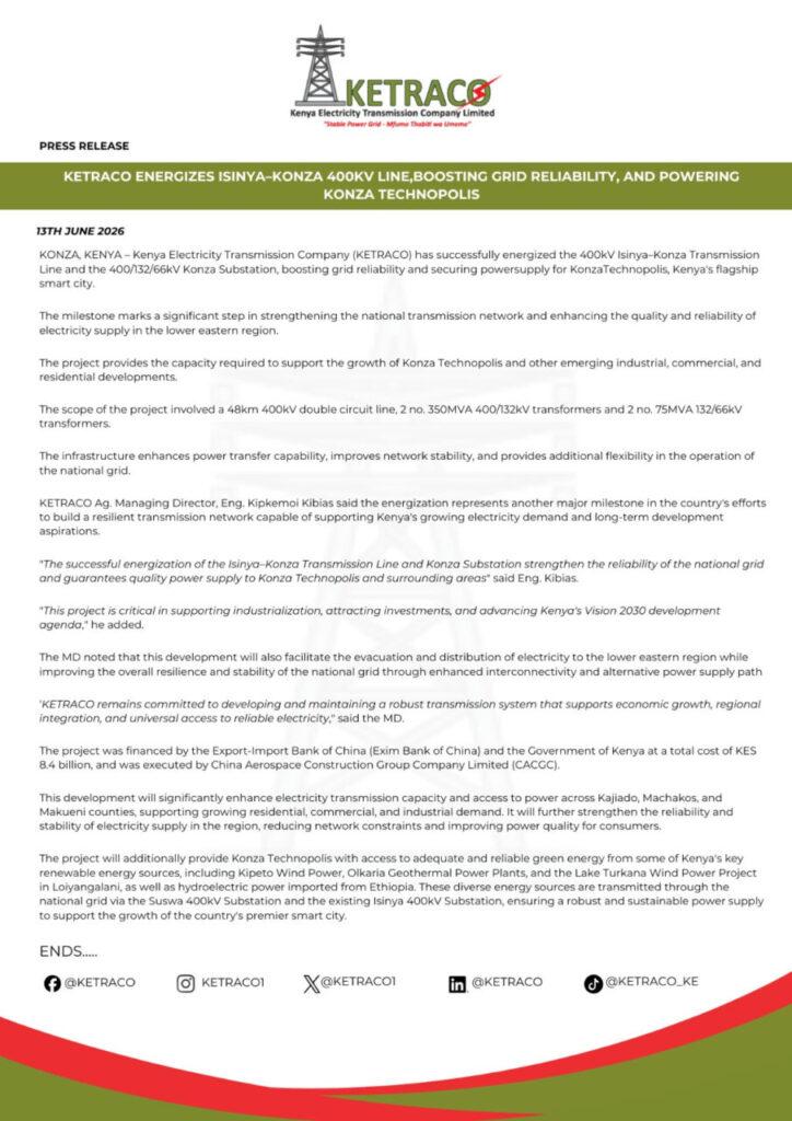 KETRACO Activates Major Power Line to Support Konza Smart City Growth