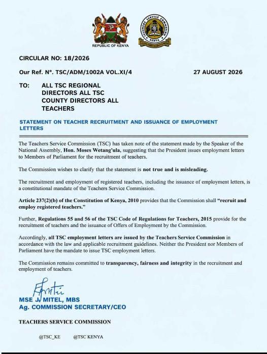 TSC Rejects Wetang’ula’s Claims on Ruto Issuing Teacher Employment Letters