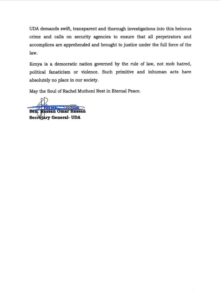UDA Condemns Killing of Rachel Wandeto, Demands Swift Investigations