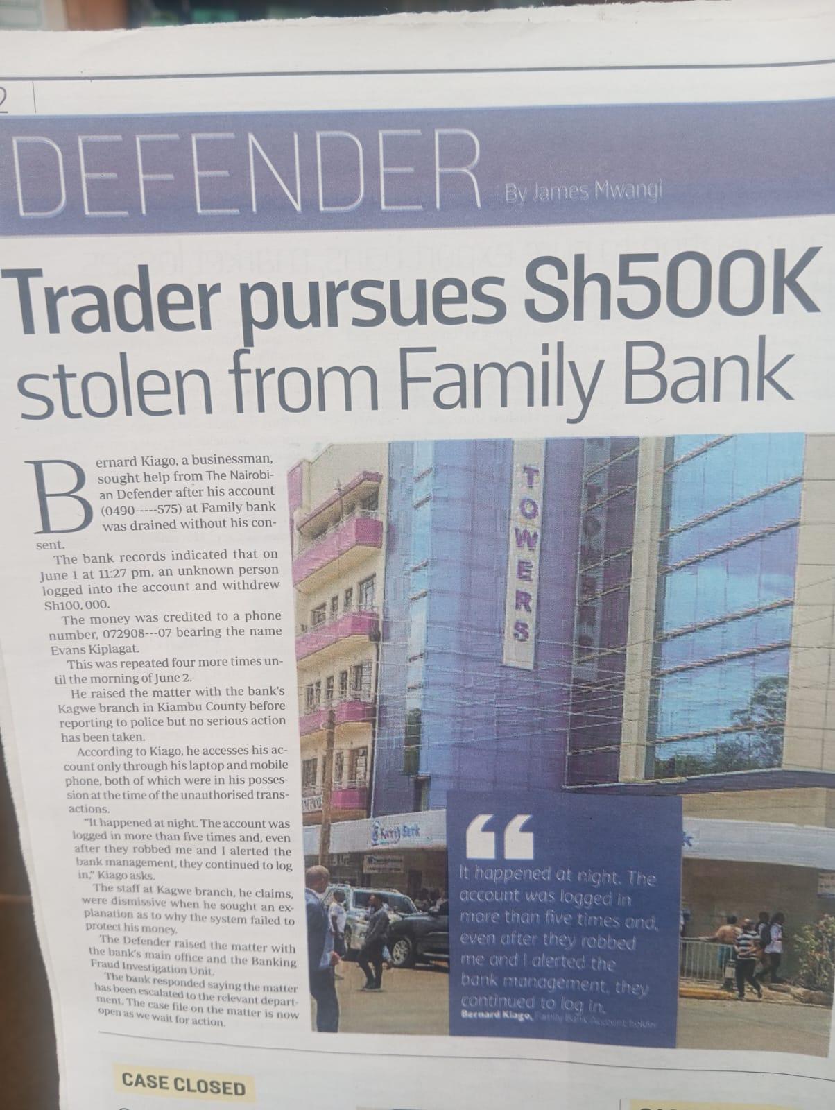 Trader Accuses Family Bank of Aiding Alleged KSh500,000 Theft from His Account